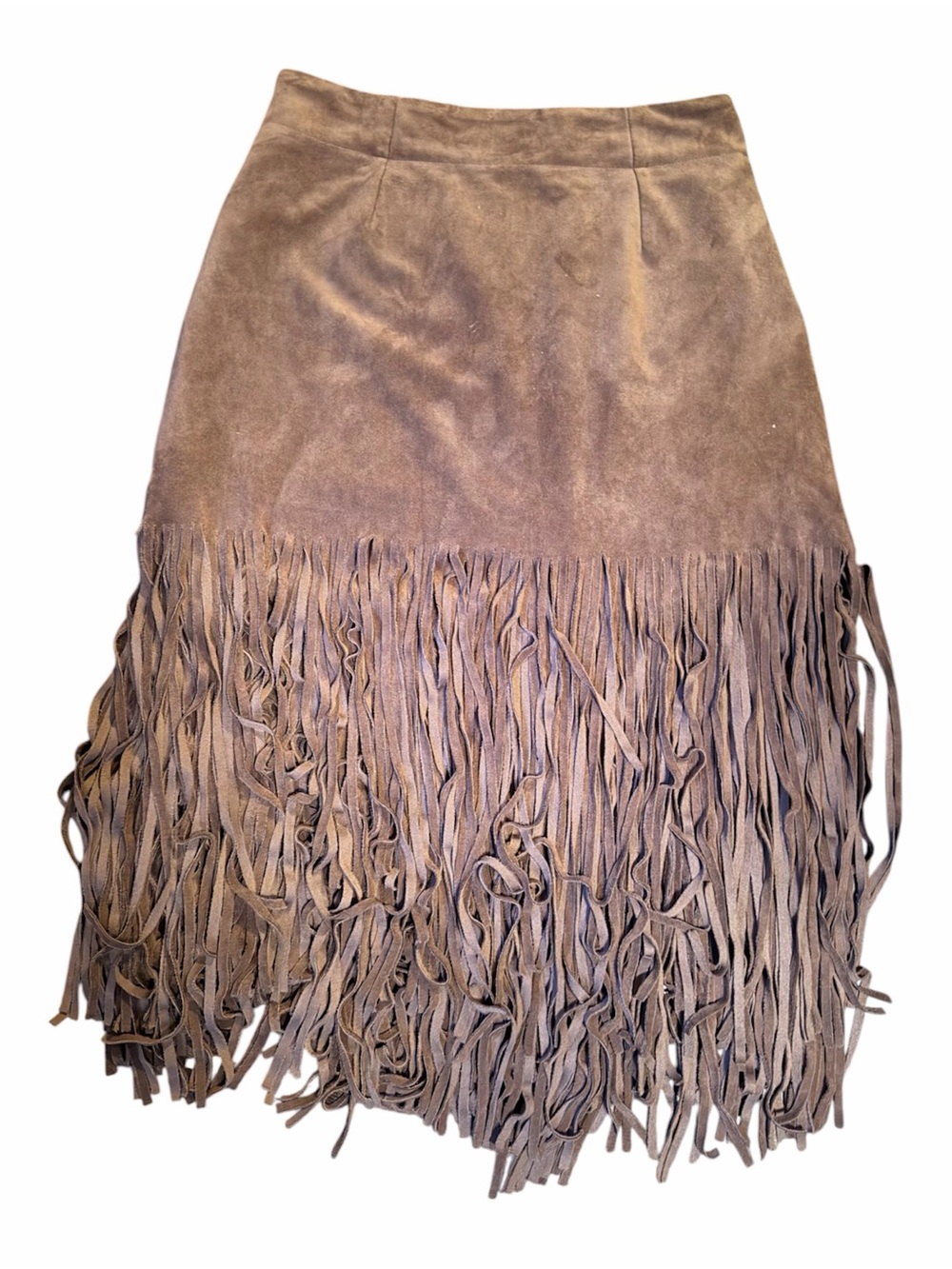Fringe Hem Faux Suede Brown Skirt